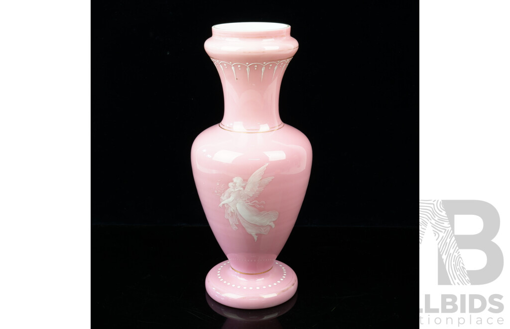 Good Victorian Pink Cased Opaline Glass Vase Finely Enamelled with an Angle and Cherub, Late 19th C.