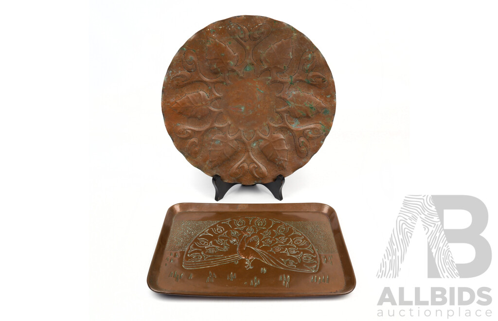 Two Antique English Hand Made Arts and Crafts Period Newlyn School Style Copper Chargers, Early 20th C.