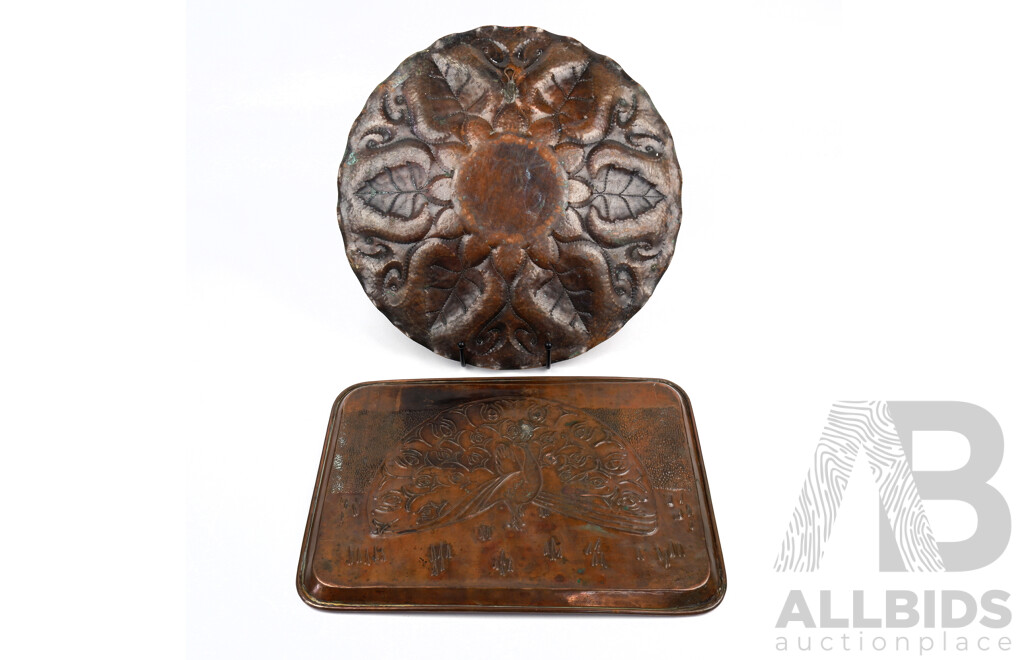 Two Antique English Hand Made Arts and Crafts Period Newlyn School Style Copper Chargers, Early 20th C.