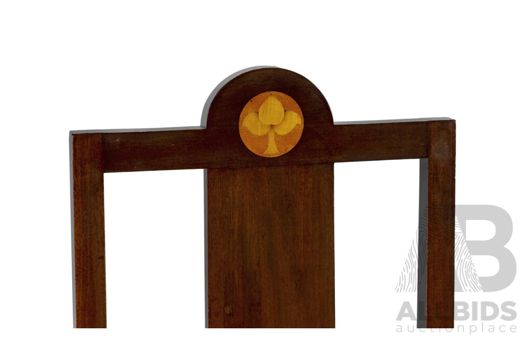 Set of 4 English Arts & Crafts Period Mahogany Dining Chairs with Rush Seats and Inlaid Floral Roundels, in the Style of Frank Brangwyn, Early 20th C.