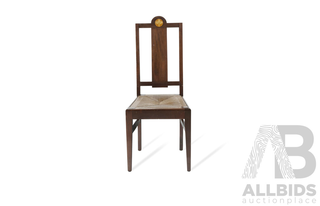 Set of 4 English Arts & Crafts Period Mahogany Dining Chairs with Rush Seats and Inlaid Floral Roundels, in the Style of Frank Brangwyn, Early 20th C.