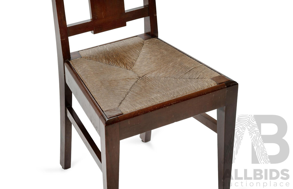 Set of 4 English Arts & Crafts Period Mahogany Dining Chairs with Rush Seats and Inlaid Floral Roundels, in the Style of Frank Brangwyn, Early 20th C.