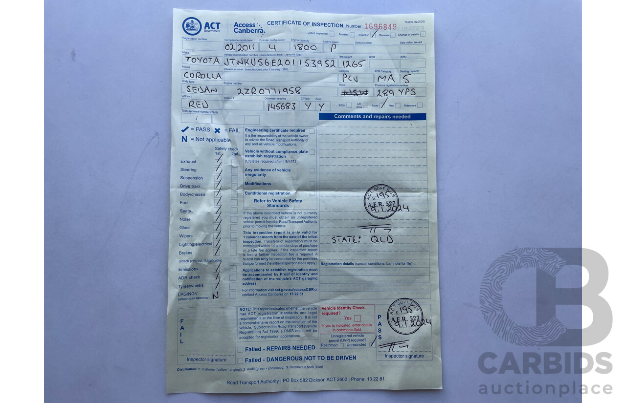 02/11 Toyota Corolla ASCENT FWD ZRE152R MY11 5D Hatchback Red 1.8L