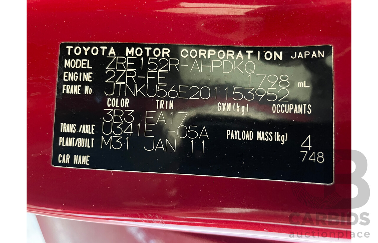 02/11 Toyota Corolla ASCENT FWD ZRE152R MY11 5D Hatchback Red 1.8L