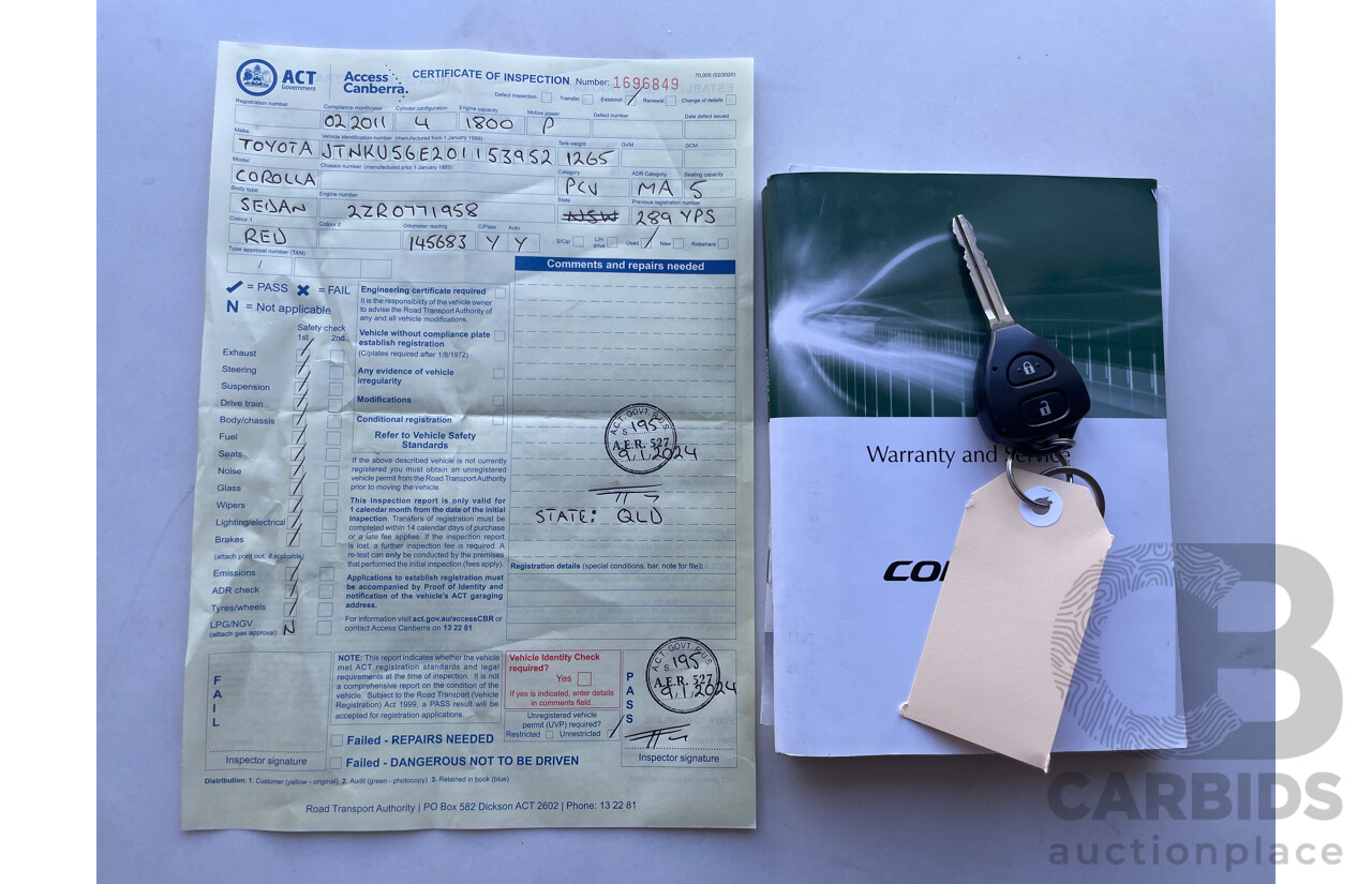 02/11 Toyota Corolla ASCENT FWD ZRE152R MY11 5D Hatchback Red 1.8L