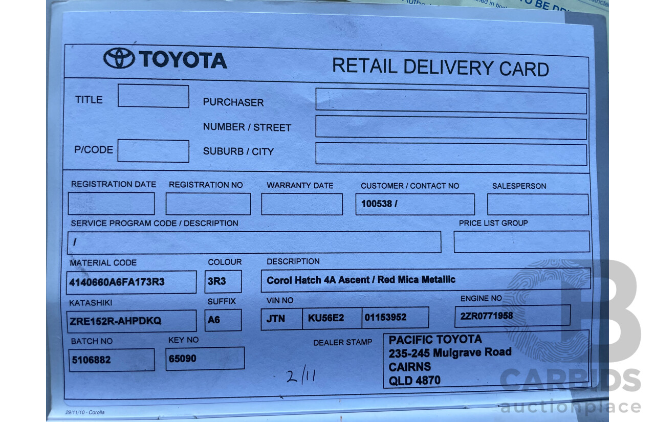 02/11 Toyota Corolla ASCENT FWD ZRE152R MY11 5D Hatchback Red 1.8L