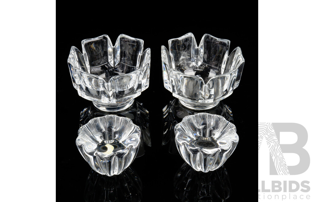 Pair Retro Swedish Orrefors Signed Crystal Corona Bowls Along with Pair Orrefors Votives with Original Labels