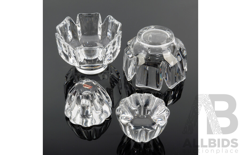 Pair Retro Swedish Orrefors Signed Crystal Corona Bowls Along with Pair Orrefors Votives with Original Labels
