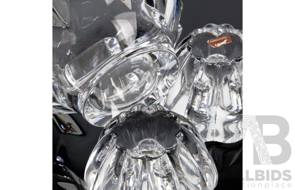 Pair Retro Swedish Orrefors Signed Crystal Corona Bowls Along with Pair Orrefors Votives with Original Labels