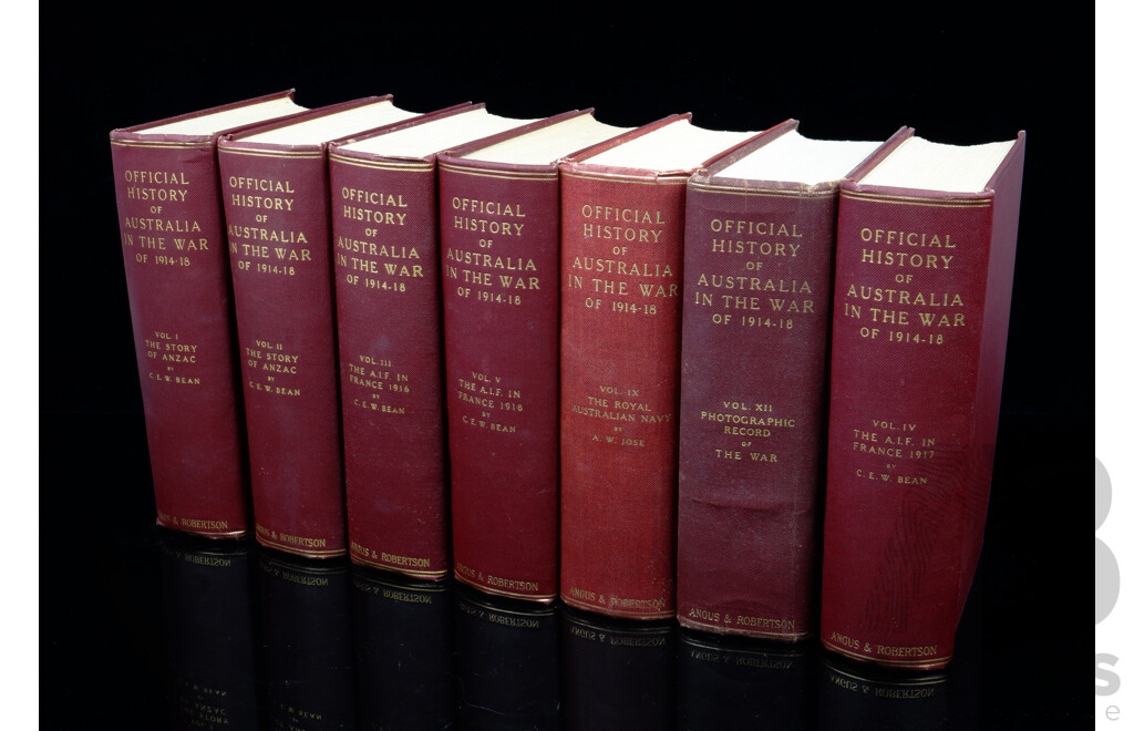 Official History of Australia in the War of 1914 to 1918, Charles E W Bean, Volumes 1 to 5, 9 & 12 (Photographic Record), Various Editions, All Hardcovers