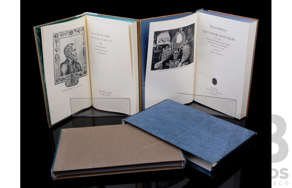 Two Folio Society Titles, the Seige of Malta by  F Balbi Di Corregio, 1965 Along with the Tudor Venturrers Richard Hakluyt, 1970, Both Hardcovers in Slip Cases