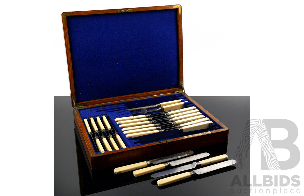 Antique Mappin Brothers 26 Piece Flatwear Set with Bone Handles in Original Wooden Oak Case