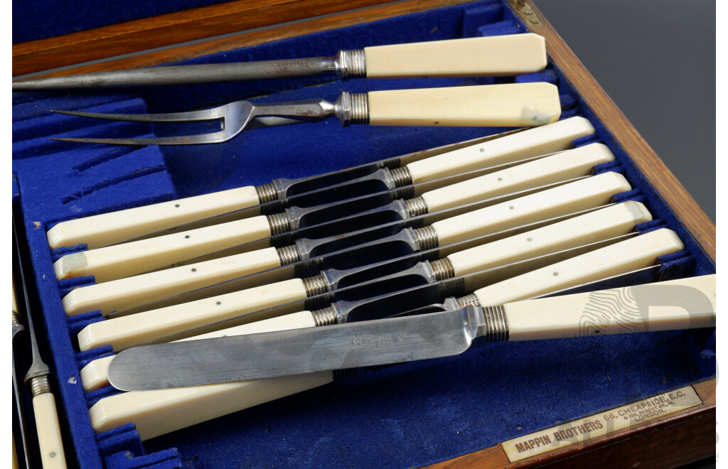 Antique Mappin Brothers 26 Piece Flatwear Set with Bone Handles in Original Wooden Oak Case
