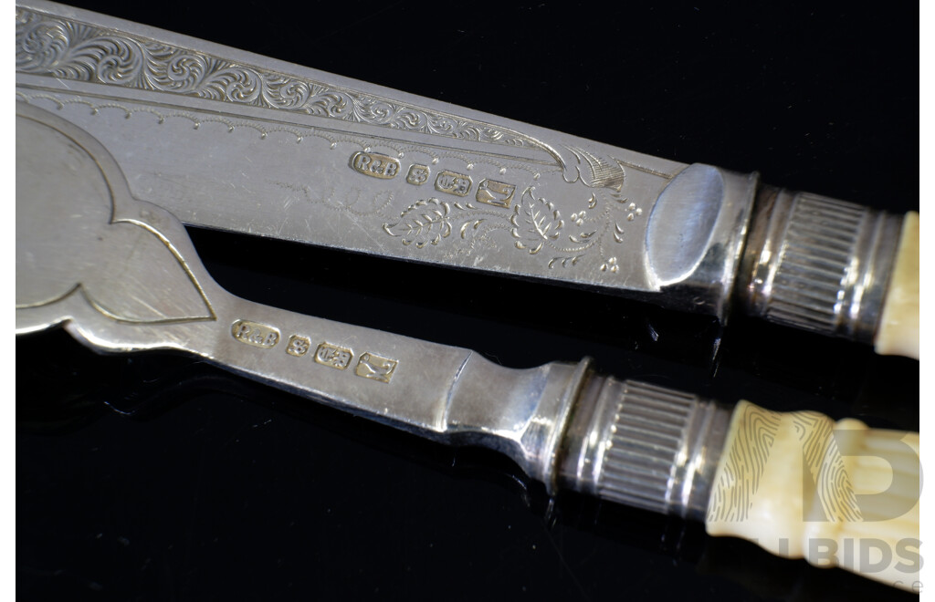 Antique 13 Piece Silver Plated Ivory Handled Fish Set with Engraved Blades