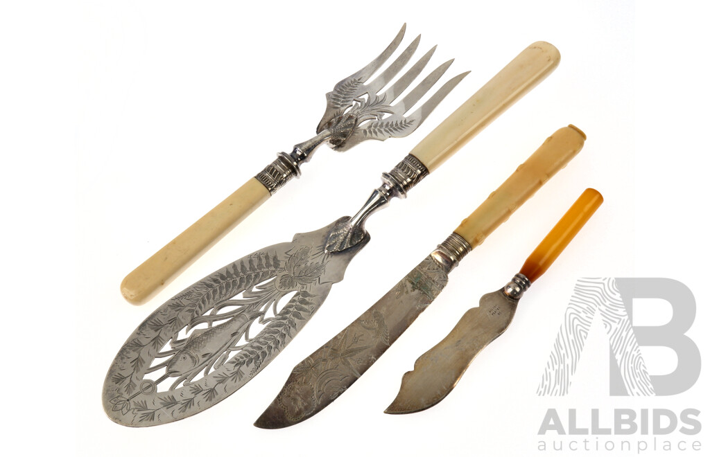 Antique  Silver Plated Ivory Handled Two PIece Fish Slide Set with Engraved Blades Along with Silver PLate Horn Handled Cheese Knife & Silver PLate Fish Knife with Carved Ivory Handle