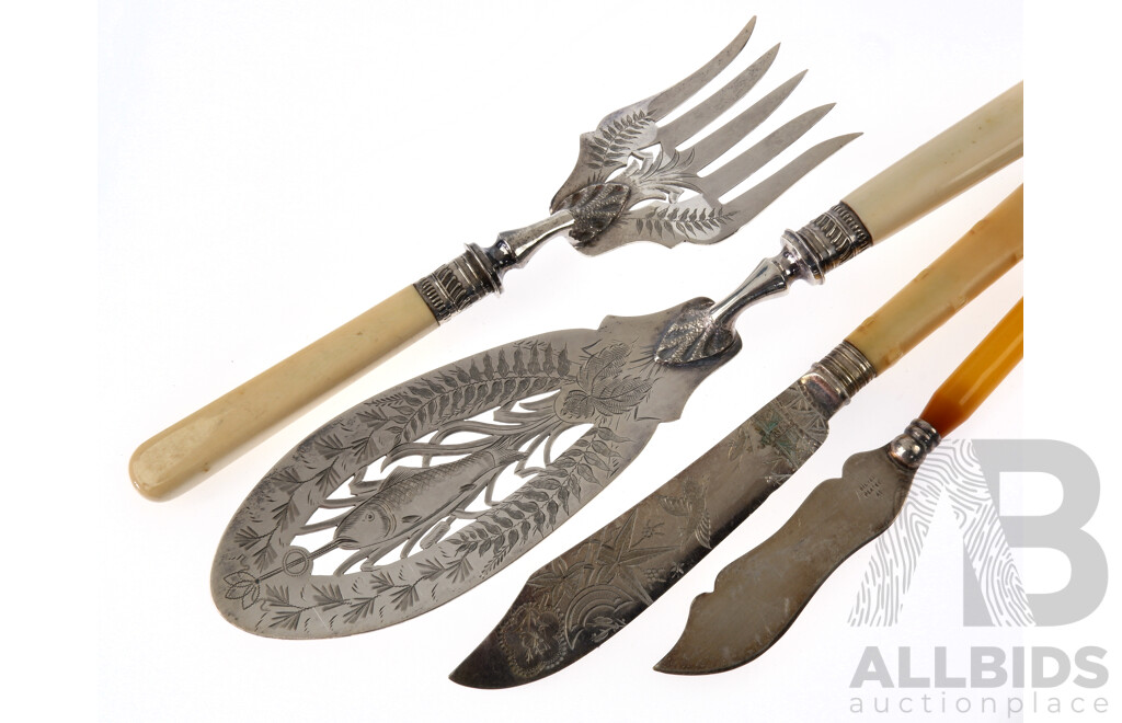 Antique  Silver Plated Ivory Handled Two PIece Fish Slide Set with Engraved Blades Along with Silver PLate Horn Handled Cheese Knife & Silver PLate Fish Knife with Carved Ivory Handle