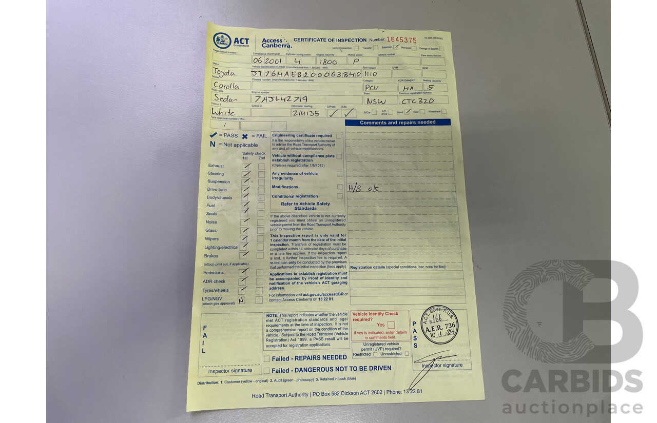 06/01 Toyota Corolla LEVIN SECA FWD AE112R 5D Liftback White 1.8L