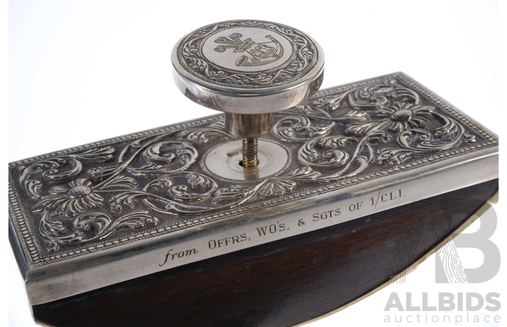 Vintage Ink Blotter with Sterling Silver Detail, Military Inscription to Side