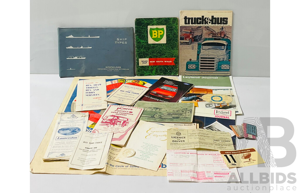 Lovely Collection of Vintage Transport Related Ephemera Including 1962 Paper Driver’s Licence, Sydney Bus Timetable From 1956, Leyland Journals From 1967 and 1962, Swedish Ship Types Manual and More