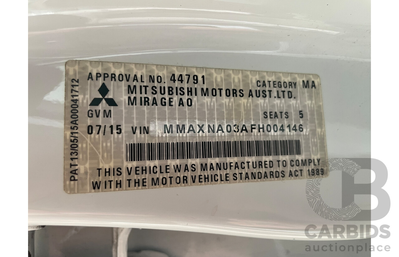 07/15 Mitsubishi Mirage ES FWD LA MY15 5D Hatchback White 1.2L