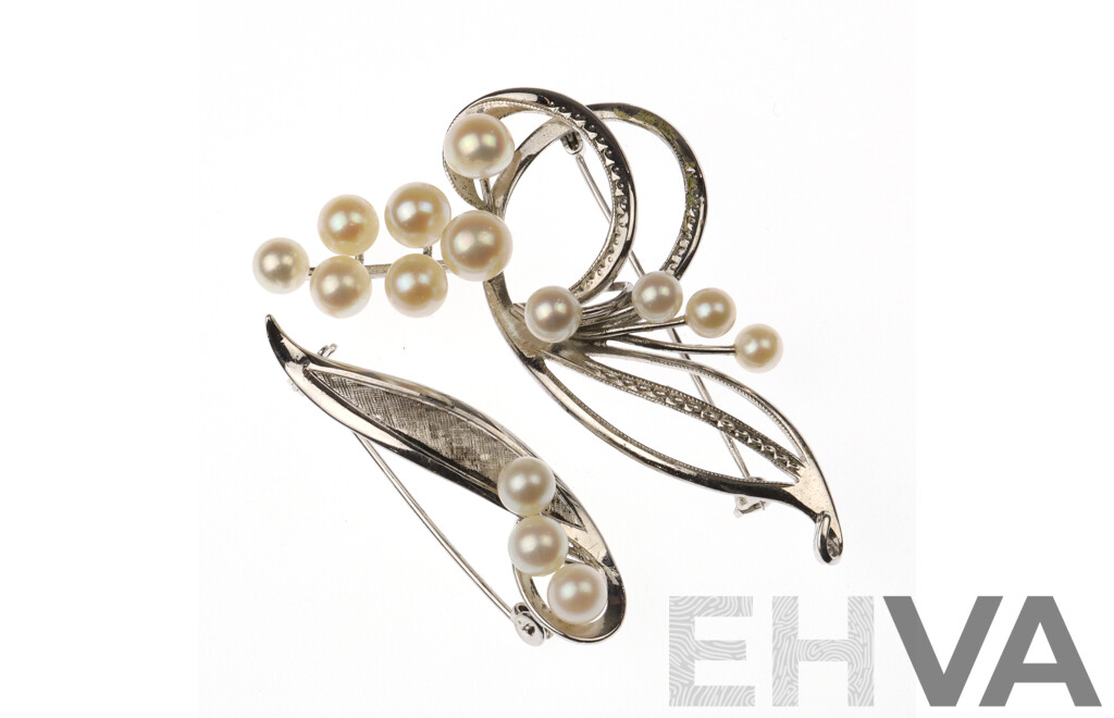 Vintage Sterling Silver (2) Akoya Pearl Brooches, 11.76 Grams