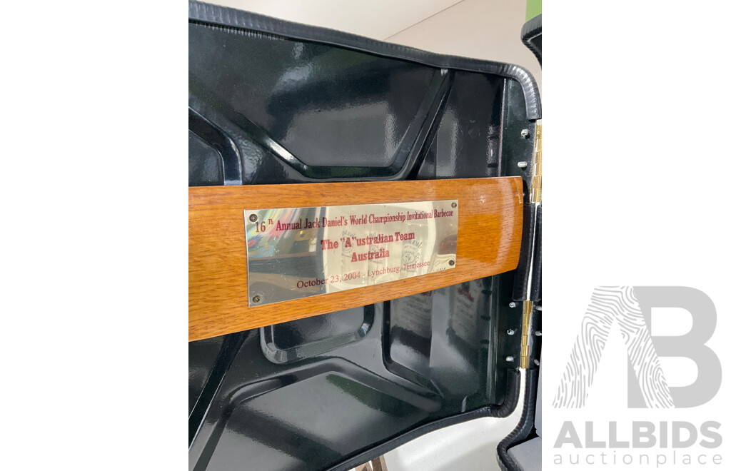 Repurposed Jerry Can Containing a Bottle of Jack Daniels and Three Branded Glasses