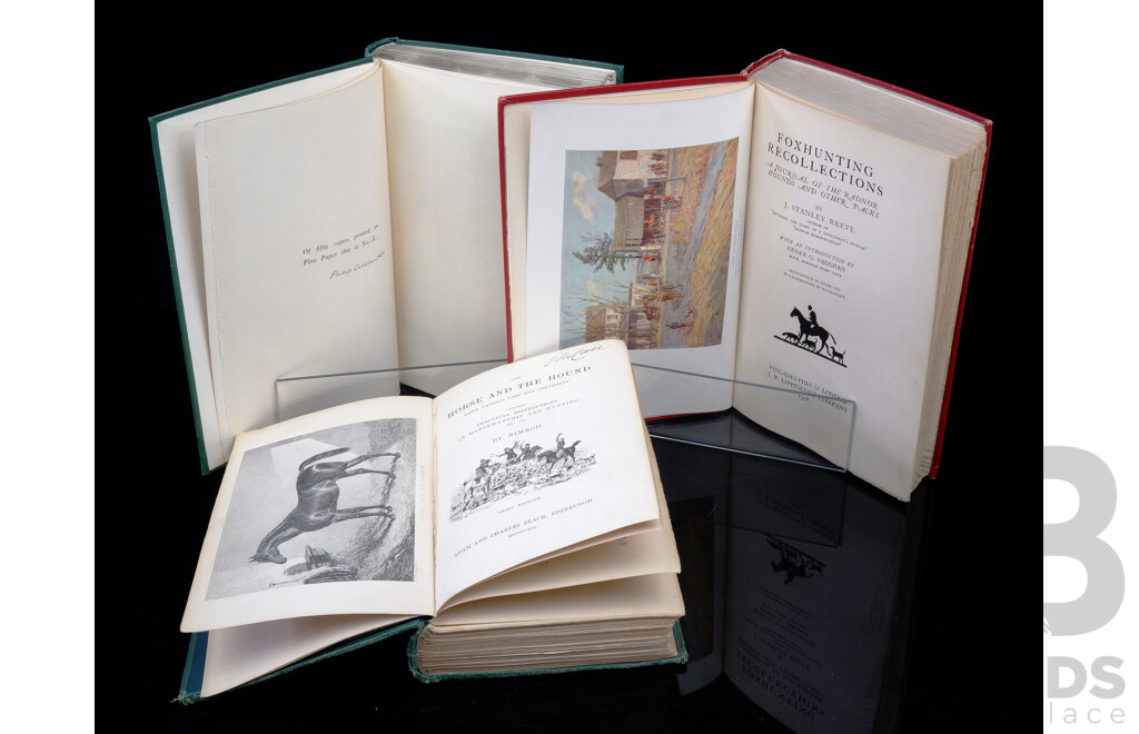 Collection Three Antique Books Related to Hunting and the English Fox Hunt Including Limited Edition 3 of 50 Records of the Chase by Cecil, 1922 and More