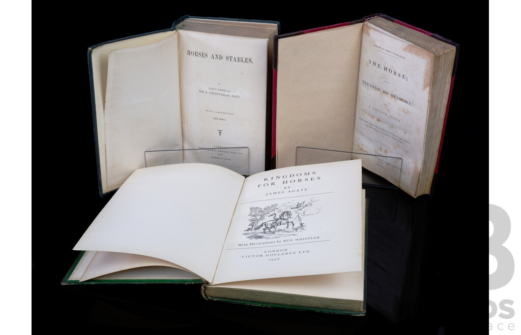 Collection Three Antique  Books Related to Horses Including the Horse with a Treatise on Draught 1851 Re Bound in Quarter Leather and More