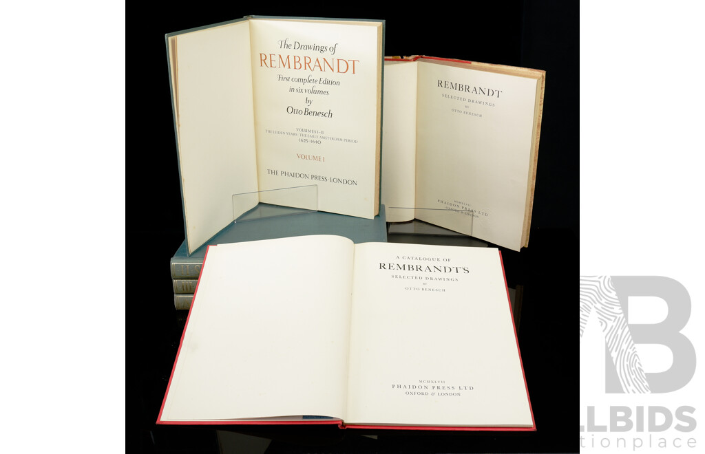 Good Collection Six Books Relating to Rembrandt Including Cloth Bound Volumes 1 to 4, the Drawings of Rembrandt, Otto Benesch, Phaidon 1954 and More