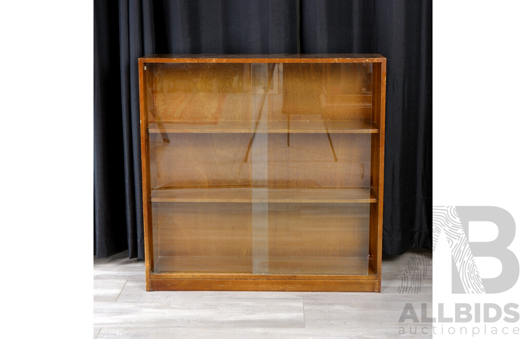 English Oak Veneered Bookcase with Sliding Glass Doors