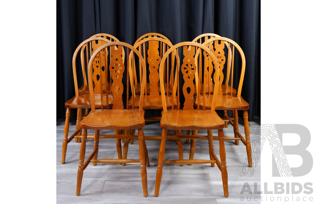 Set of Eight Elm Wheel Back Dining Chairs