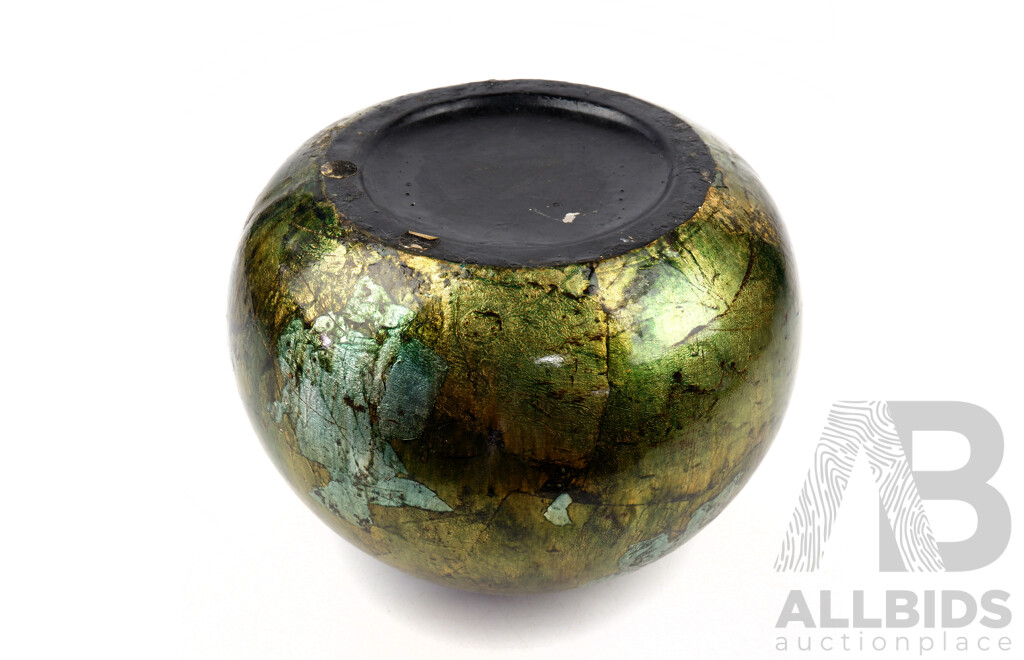 Hand Made Studio Art Pottery Vase with Hand Leafed Layered Gold, Silver & Bronze