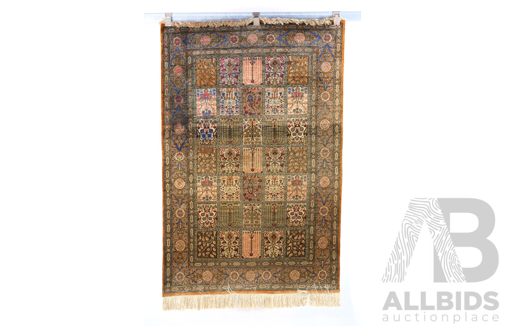 Fine Hand Knotted Persian Silk Rug with Garden Panel Design and Signed Cartouche