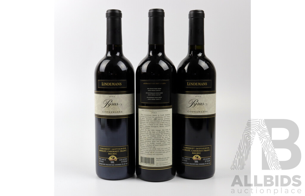 Lindermans Pyrus Cabernet Sauvignon 1993, Coonawarra X 3