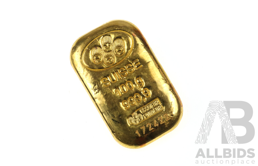 PAMP SA 999.9 Gold 100g Bar, No 172422, with Certificate