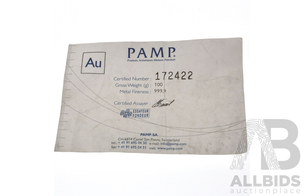 PAMP SA 999.9 Gold 100g Bar, No 172422, with Certificate