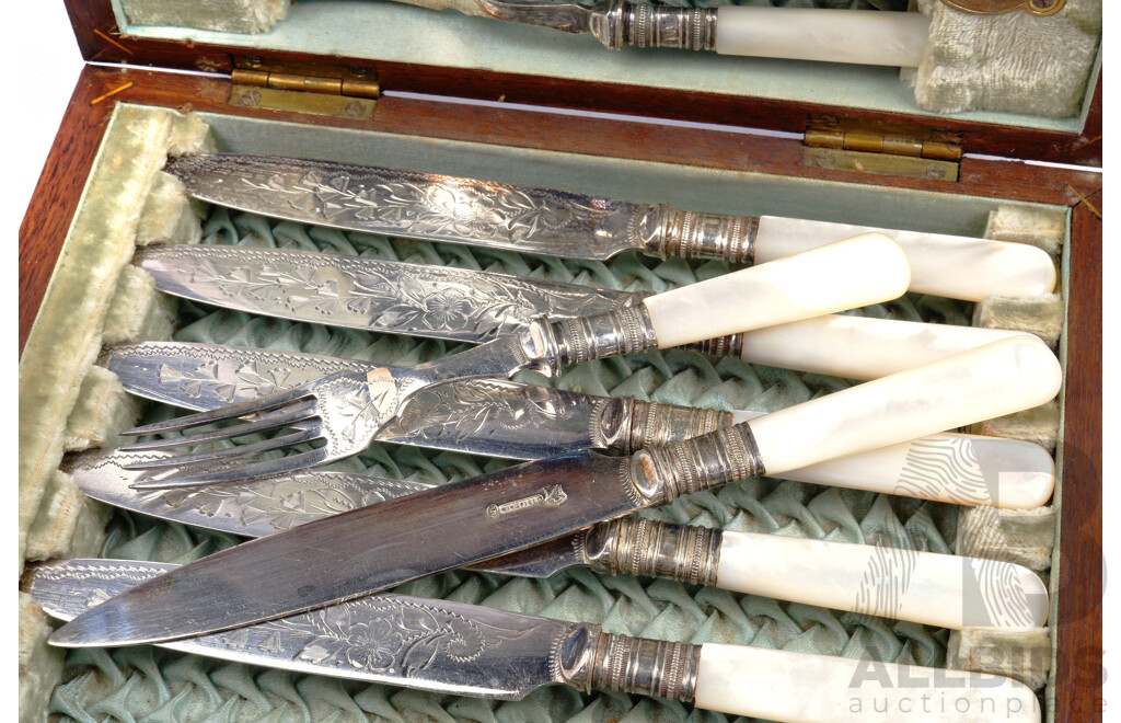 Antique Silver Plate Twelve Piece Knife & Fork Set with Mother of Pearl Handles in Mahogany Case with Brass Shield to Top