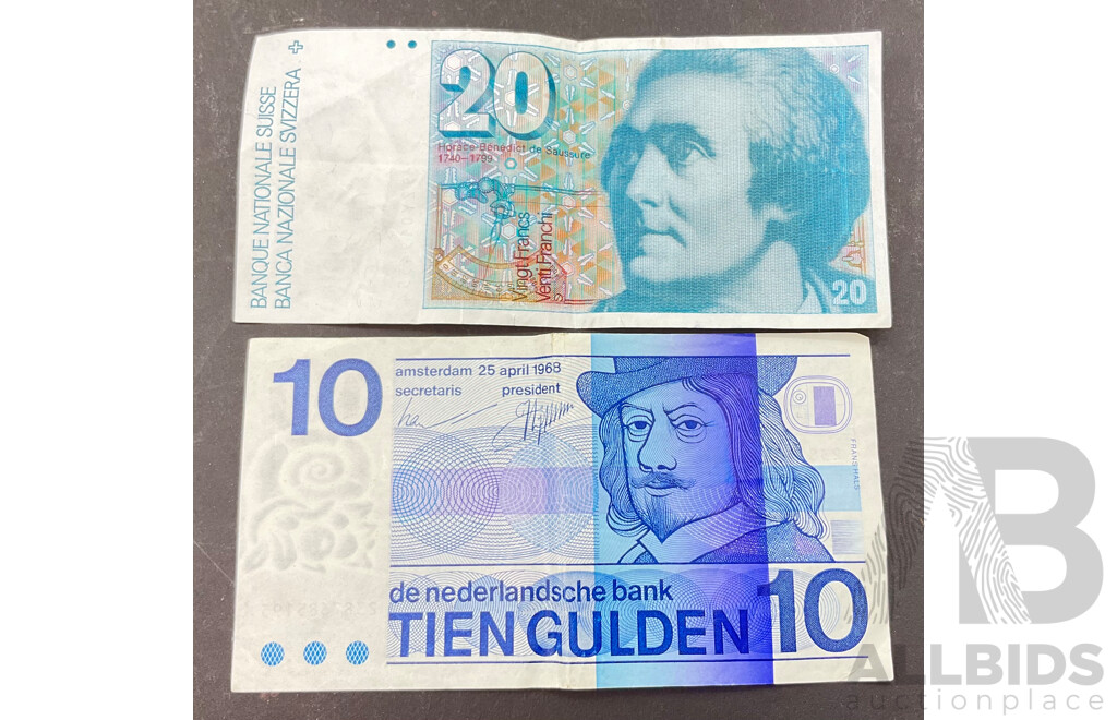 Vintage Switzland Twenty Francs Note - 92Y0194554 and Vintage Nederlands Ten Gulden Note - 2387685195