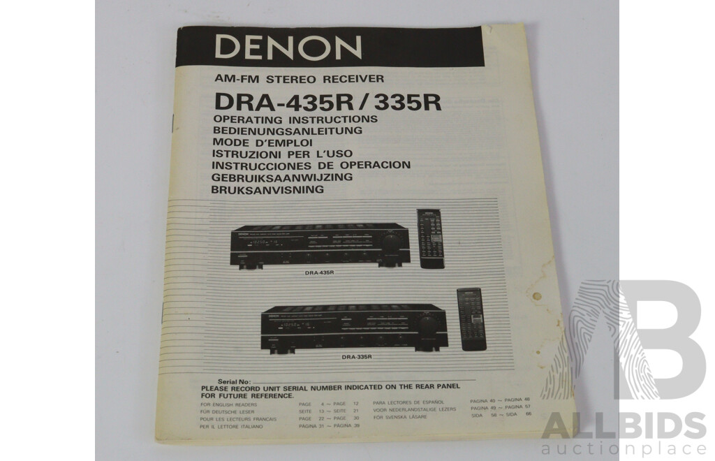 Denon AM FM Stereo Reciever DRA 335R with Instruction Booklet