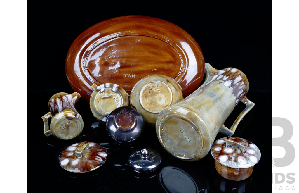 Vintage Studio Pottery Six Piece Tea Set, Marked Jan to Base