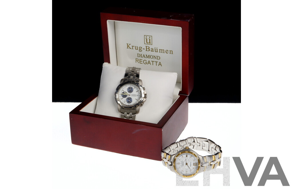 Krug-Baumen Sports Master Chronograph Watch Serviced in Original Presentation Box with Krug-Baumen Diamond Regatta Watch