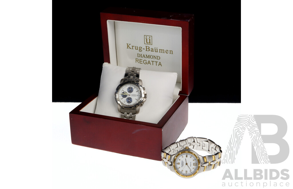 Krug-Baumen Sports Master Chronograph Watch Serviced in Original Presentation Box with Krug-Baumen Diamond Regatta Watch