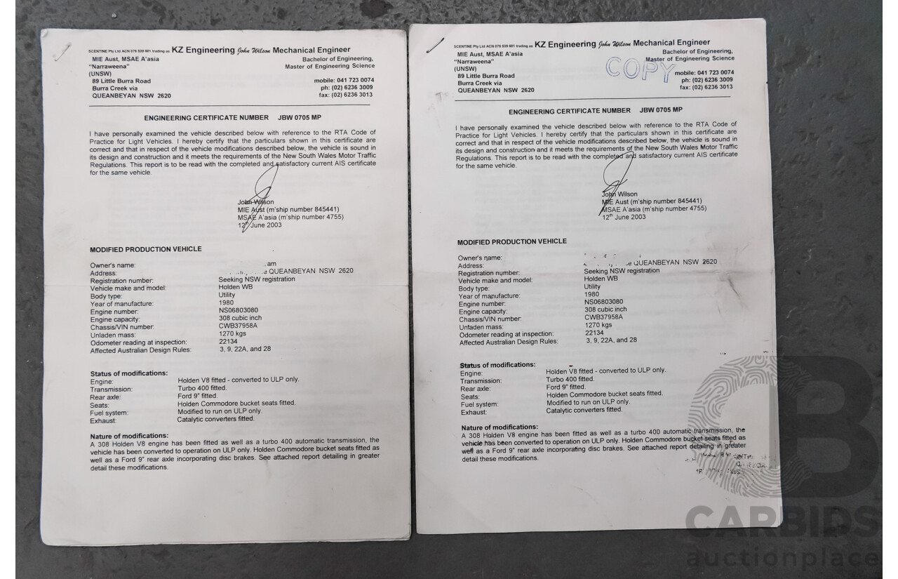 02/1976 Holden HJ Utility (On WB Chassis) 2d Utility White V8 5.0L - Modified & Engineered