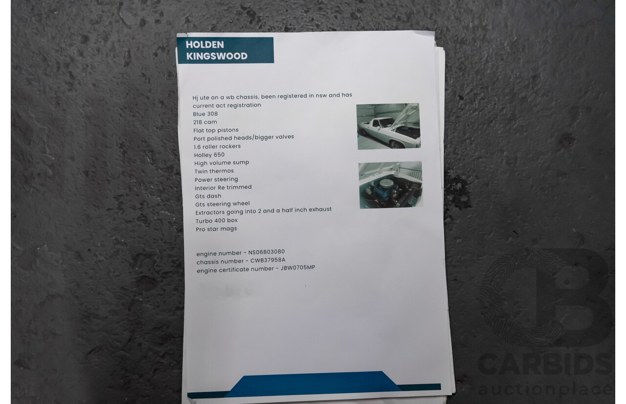 02/1976 Holden HJ Utility (On WB Chassis) 2d Utility White V8 5.0L - Modified & Engineered