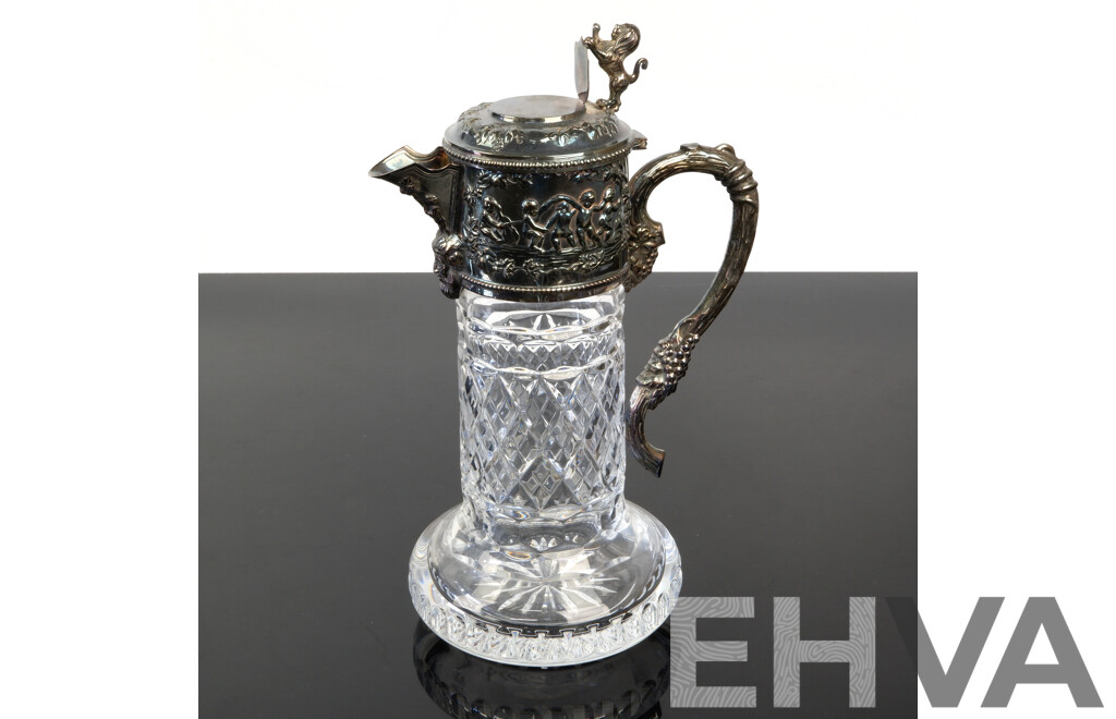 Vintage Whitehill Crystal Wine Pitcher with Silver Plate Collar and Lid with Repoussed Detail, Green Man Motif and Lion Shield Finial