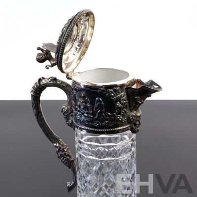 Vintage Whitehill Crystal Wine Pitcher with Silver Plate Collar and Lid with Repoussed Detail, Green Man Motif and Lion Shield Finial