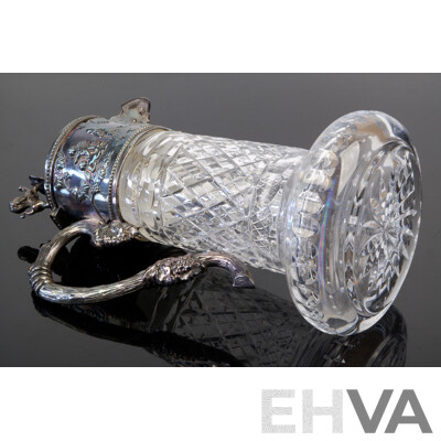 Vintage Whitehill Crystal Wine Pitcher with Silver Plate Collar and Lid with Repoussed Detail, Green Man Motif and Lion Shield Finial