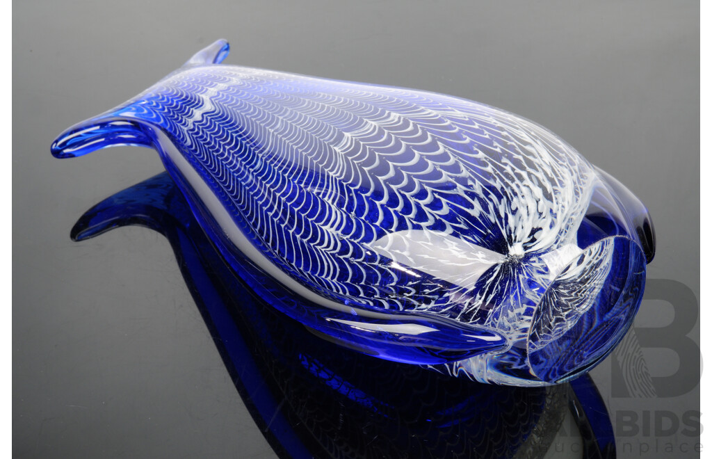 Retro Scandinavian Style Blue Glass Mouth Vase with White Feathered Decoration