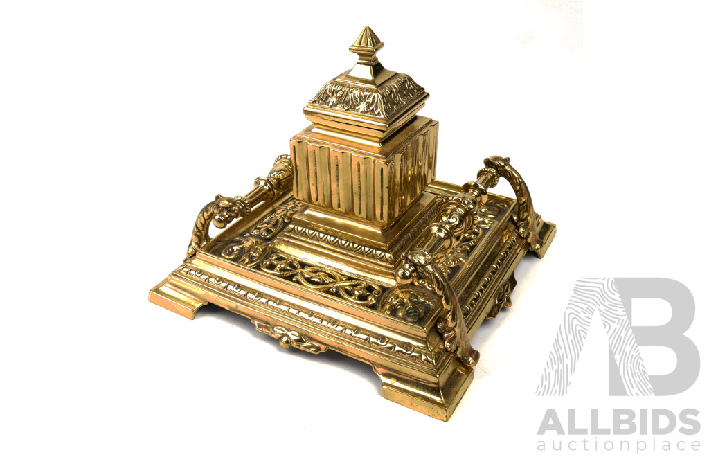 Antique 19th Century Neo Classical Gilt Bronze Inkwell with Original Ceramic Insert