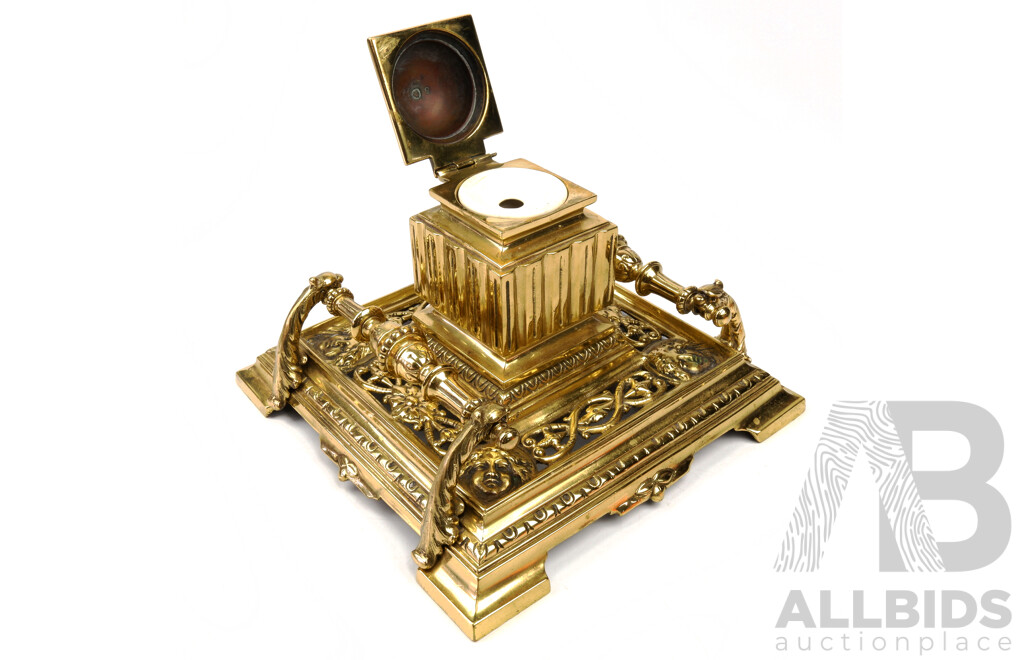 Antique 19th Century Neo Classical Gilt Bronze Inkwell with Original Ceramic Insert